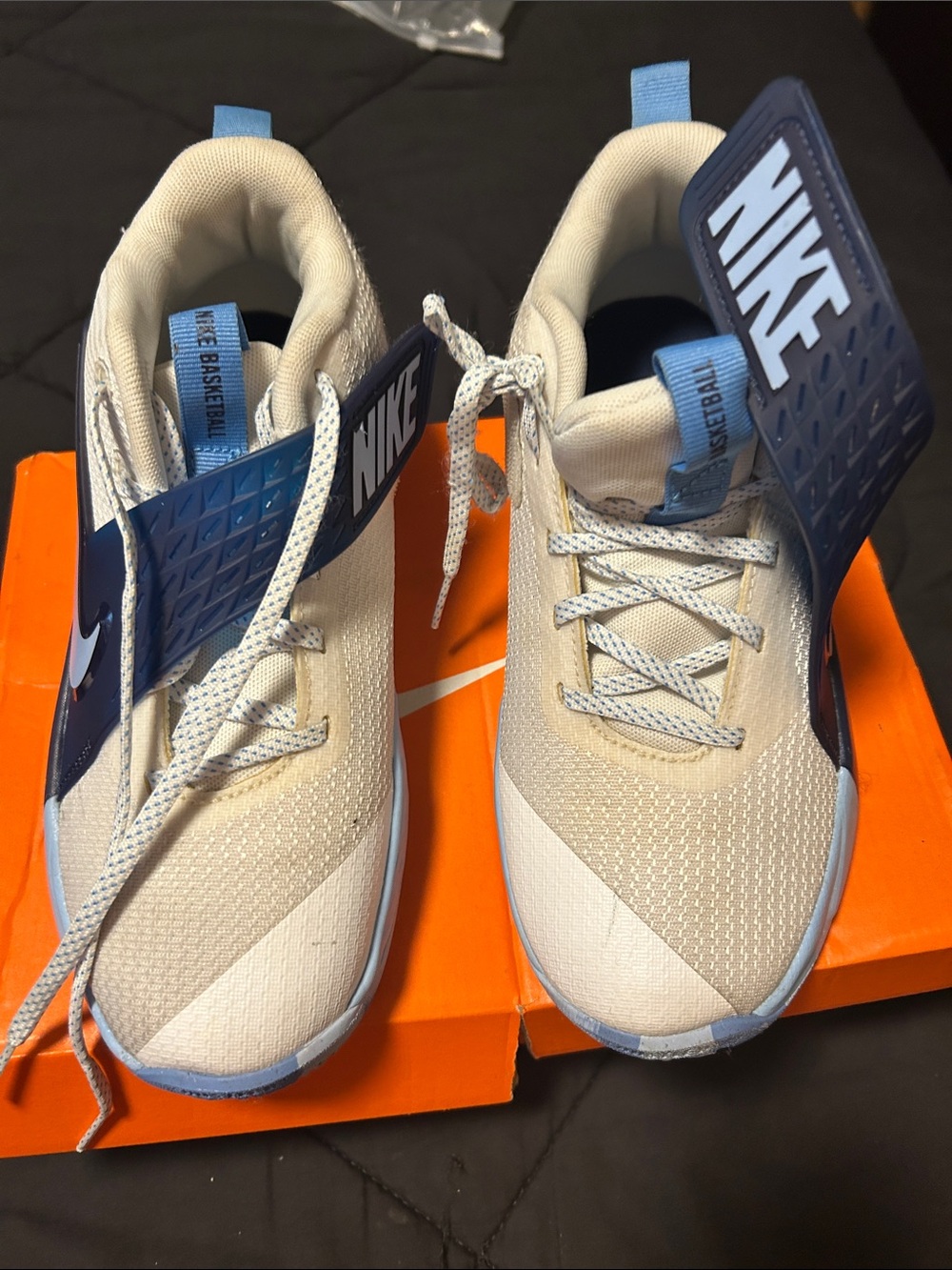 Nike Kids Cream and Light Blue Basketball Sneakers with Navy Accents
